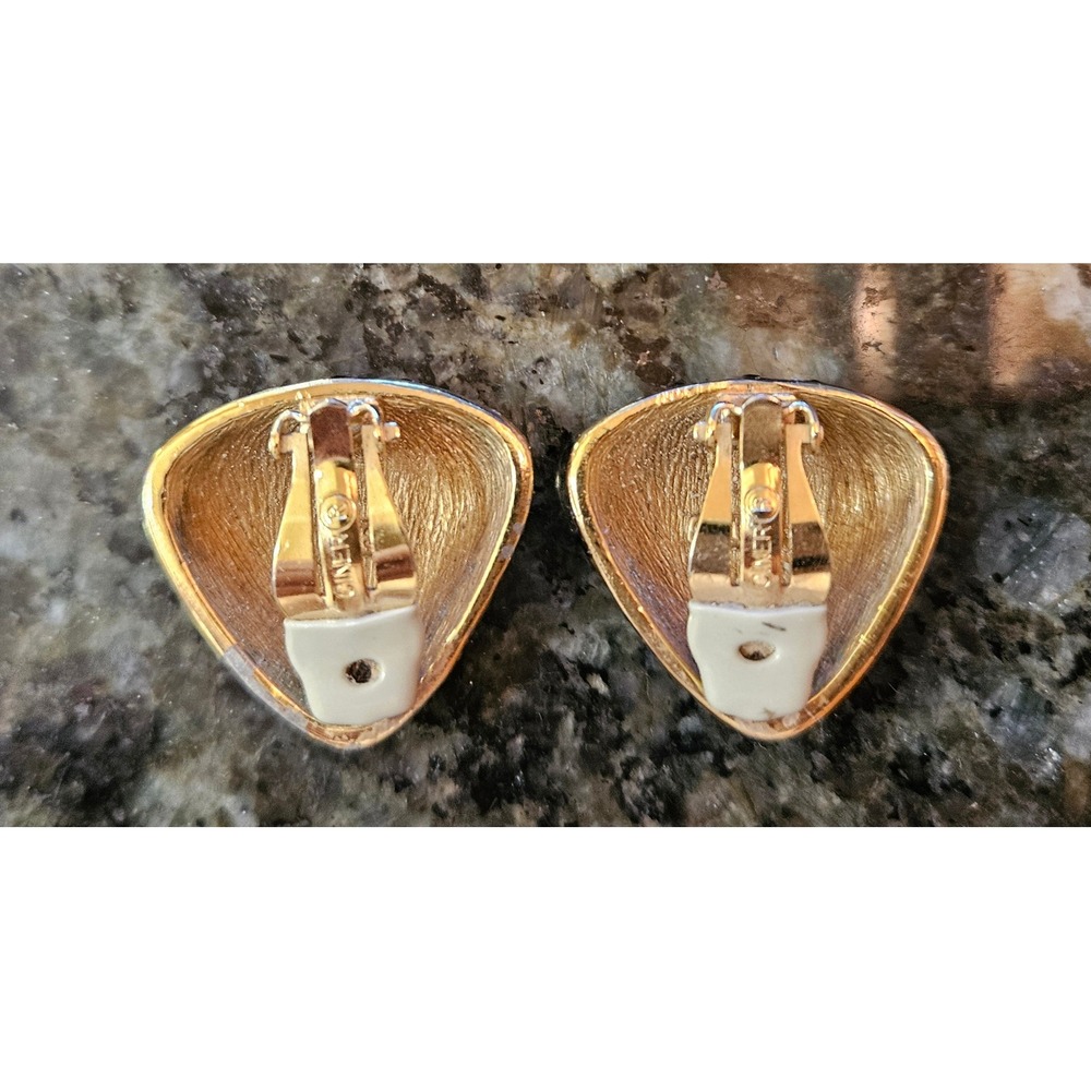 Ciner Clip On Earrings Women OS Gold Black Enamel Pave Crystal Shield Excellent - Picture 2 of 6